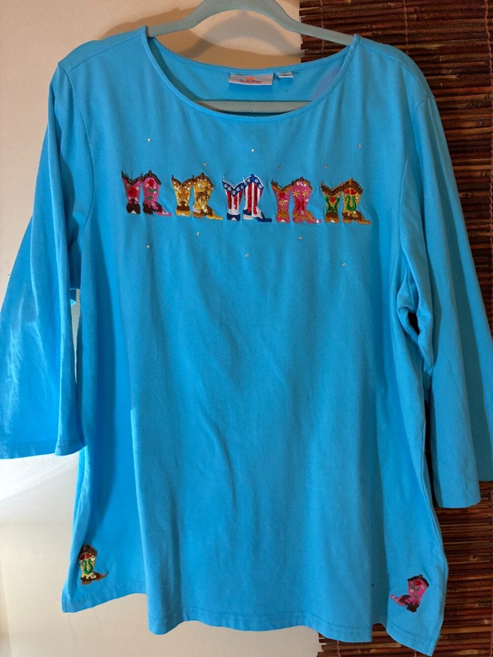 Quacker Factory Teal Blue Cowboy Boots Embroidered Rhinestone 3/4 Sleeve Top  XL